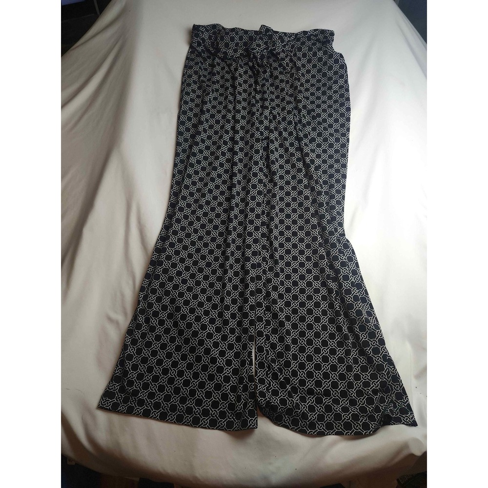 Chaus New York Womens XL Wide Leg Pants Black White Chain Link Geometric Print